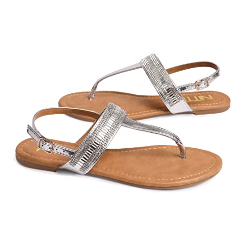 Nitti Women's Flat Thong Sandals With T-Strap And Adjustable Ankle Buckle Sandal Fashion Rhinestone Dress Sandals (Silver, Numeric_9) #TOP5