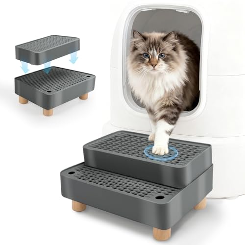 Midollarle Elevated Cat Ramp for Litter Box, 2 Steps Cat Pedal Step Stool with Wooden Base, Detachable Double Layered Cats Litter Trapper, Suitable for Small&Elderly Cats, Non-Slip(Dark Grey)
