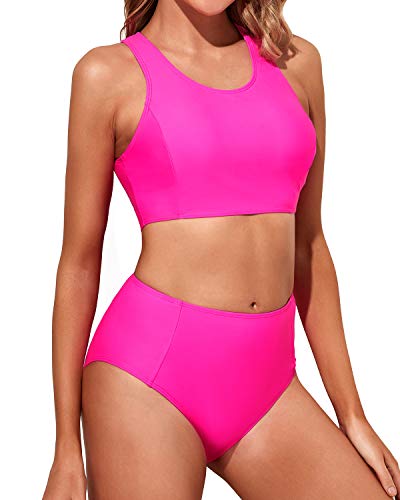 Tempt Me Women Hot Pink High Waisted Bikini Sporty Scoop Neck Tank Top Two Piece Swimsuits M
