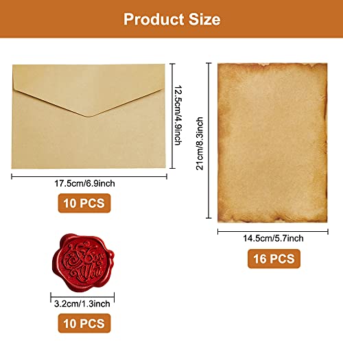 Vintage Briefpapier mit Umschlag Set, Set Vintage Schreiben mit 10 Vintage-papier Umschläge, 16 Briefpapier Vintage A5 und 10 Wachssiegel-aufkleber, Briefpapier Alt für Hochzeits Einladung Grußkarten