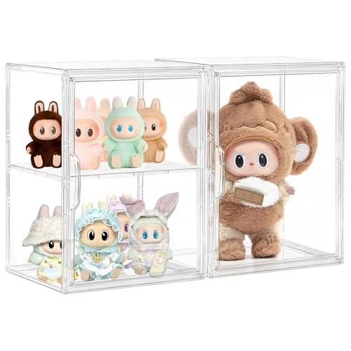 Image of Large Clear Acrylic Figure Display Case for Collectibles 2 Pack | Movable Divider, Magnetic Door, Easy to Clean, Dustproof, 2-Tier, Easy Assemble, Adjustable Storage