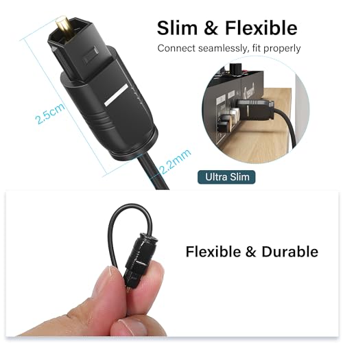 Adoreen Ultra-Thin Slim Digital Optical Audio Cable 15FT, Fiber Optic SPDIF Toslink Cord Gold-Plated High-Speed Flexible & Durable for TV Soundbar Home Theater Game Console PS4 Xbox Samsung +Ties - Thumbnail 2
