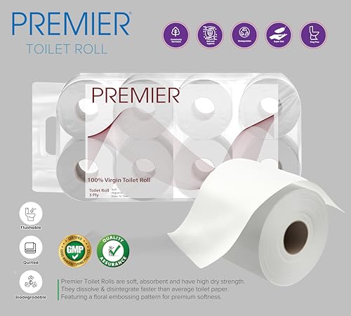 Image of Premier 3 Ply Toilet Tissue Roll (9600 Pulls) | 300 Pulls x 32 Rolls | Biodegradable, Clog Free, Flushable, Easy to Tear | Extra Absorbent Toilet Paper Roll for Home, Office, Bathroom Tissue