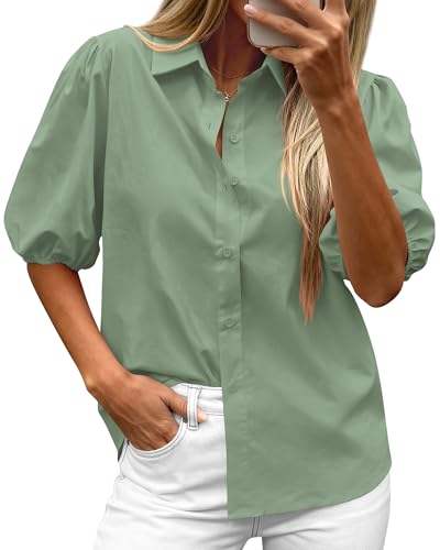 BTFBM Women's Button Down Shirts Short Puff Sleeve Collared V Neck 2026 Summer Tops Dressy Casual Work Business Blouses(Sage Green, Small) — view 2