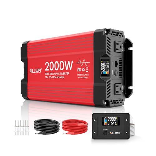Image of ALLWEI 2000W Pure Sine Wave Inverter 12V DC to 110V/120V AC Converter, Surge 4000W, 2 AC Sockets, LCD Display, Power Inverters for Vehicles, RV Truck Home Solar & Off-Grid Inverter, Remote Controller