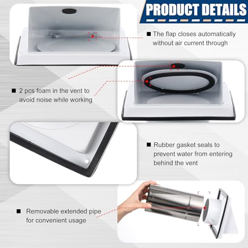 Image of Gisafai 4 inch Dryer Vent Cover Outside with Stainless Steel Guard Wall Dryer Exhaust Cap and Removable Extended Pipe Vent Shroud Hood Cushioned Non Return Flap with Sealing Gasket Grille(White)