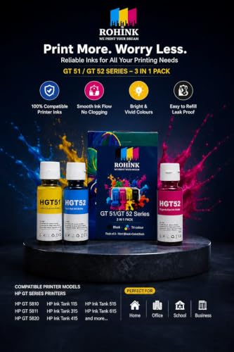 Image of ROHINK GT51 GT52 Ink Refill Dye Ink Compatible with HP Ink Tank 115, 310, 315, 319, 410, 415, 416, 419, 455, 500, 515, 530, 615, GT 5810, GT 5811, GT 5820 (HP Color Combo Pack 3)