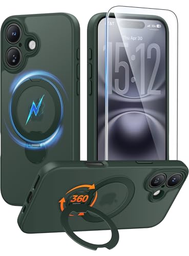 Image of FNTCASE for iPhone 16 Case: [360 Spin Magnetic Stand] [Compatible with Magsafe] [Screen Protector] Translucent Matte Military Grade Shockproof Full Camera Protective Phone Cover - Green