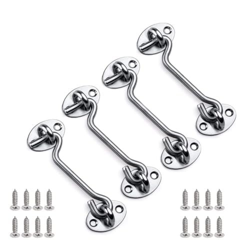 Mgoodoo Lot de 4 crochets tempête avec œillet, en acier inoxydable, argenté, pour porte battante en bois, volets en bois, porte de grange, porte de jardin avec 16 vis, 100 mm