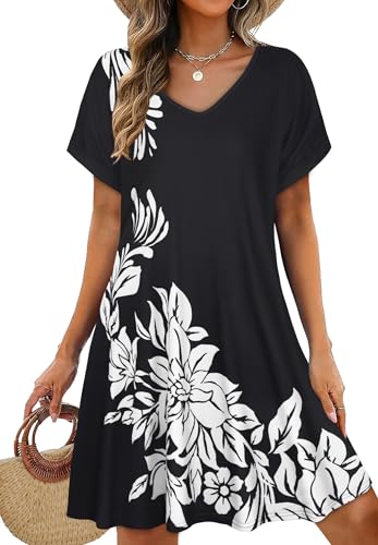 elescat Sundresses for Women Summer Casual Loose V Neck Short Sleeve Tshirt Dress with Pockets (Black White Floral, XL)