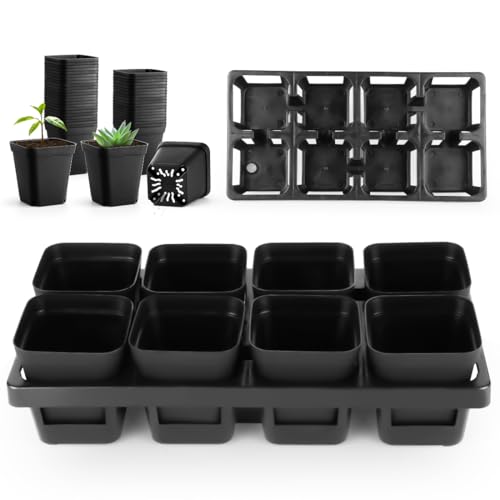RooTrimmer 2.7 inch Black Square Nursery pots with 8 Cell pots Carrying Trays 6 Sets (48 pots + 6 Trays)