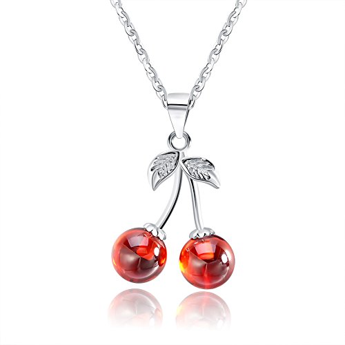 Ginger Lyne Collection Cherry Red Agate Stone Sterling Silver Pendant Necklace Water Waves Chain #TOP10