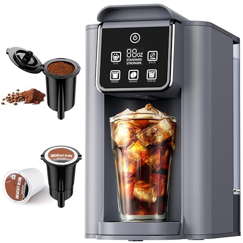 Hot & Iced Coffee Maker with Bold Setting, Single Serve Coffee Maker for K Cup and Grounds, 6-14 Oz Brew Sizes, 50 Oz Removable Water Tank, One Cup Coffee Machine with Reusable Filter, Grey