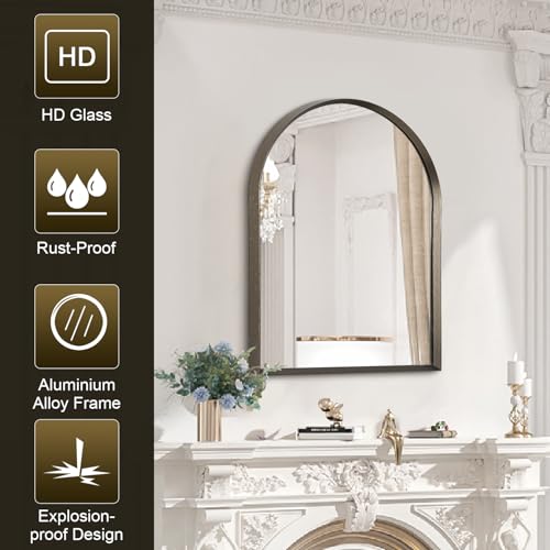 Image of Arched Mirrors for Wall, Brushed Metal Frame Mirror, Arch Bathroom Vanity Mirror for Living Room Bedroom Mantel Entryway Hallways Home Decor Aluminum Alloy Frame 20 inchx16 inch