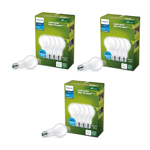 PHILIPS LED 60W A19 12-Pack Ultra Efficient Daylight (5W = 60W) Dimmable Clear Flicker-Free Light Bulb