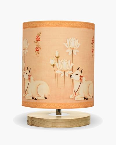 Image of Homesake Pine Table Lamp Wooden Bedside Lamp Simple Bedroom Light Linen Shade Mini Desk Lamp Nightstand Lamp for Bedroom, Living Room, Gift, (Pichwai Art of India Shade Cylinder)