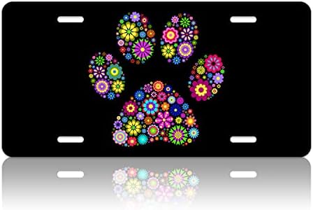 Hippie Floral Animal Paw Print License Plate Cover Personalise Car Front License Plate Rust-Proof Stainless Steel Metal Car Plates Tag Funny Novelty Vanity Tag 4 Screw Hole Decorative