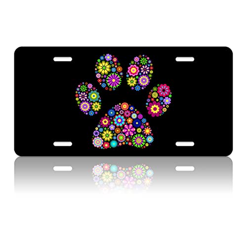 Hippie Floral Animal Paw Print License Plate Cover Personalise Car Front License Plate Rust-Proof Stainless Steel Metal Car Plates Tag Funny Novelty Vanity Tag 4 Screw Hole Decorative #TOP2