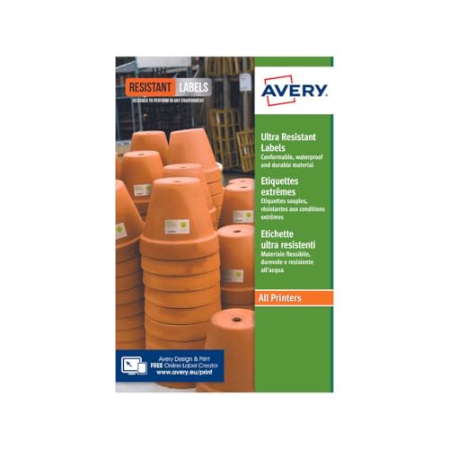 Image of Avery B3427-20 Ultra Resistant Labels, White (A4 Sheet of 105 x 74.3 mm, 20 Labels)