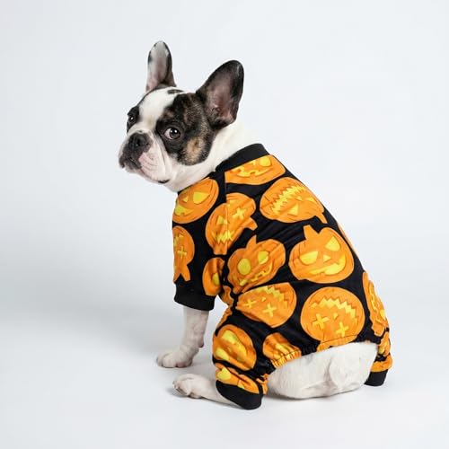 Image of Fitwarm Halloween Pumpkin Dog Pajamas, Funny Dog Winter Clothes for Small Dogs Girl Boy, Pet Jumpsuit, Cat Halloween Costumes with Feet, Lightweight Velvet, Black, Orange, Medium