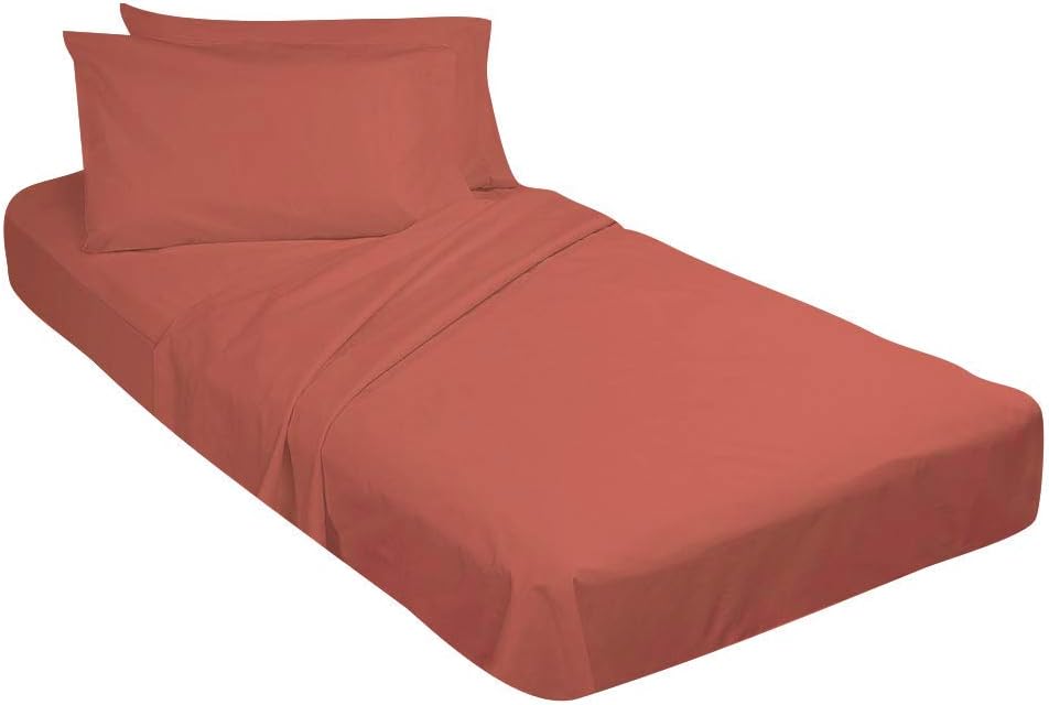 100% Egyptian Cotton, 4 Piece Kids Bed Set-Fitted Bottom Sheet, Flat Top Sheet, Standard Size Pillowcase, Brick Red-8 Inch Pocket Length