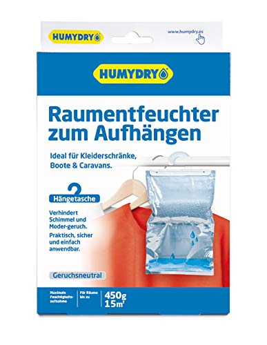 Humydry Schrank-Entfeuchter 450g Humydry - Absorbiert zu hohe Feuchtigkeit -Ideal zum aufhängen im Schrank oder mittelgroße Räume - Schützt Ihren Schrank und Kleidung vor Schimmel und modrigem Geruch.