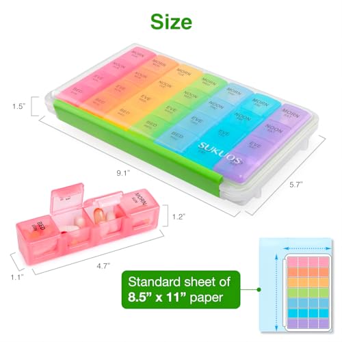 Sukuos Weekly Pill Organizer 7 Day (4 Times a Day), Moisture-Resistant Large Daily Pill Box Medicine Cases for Medication/Vitamin/Fish Oil/Supplements - Rainbow Colors