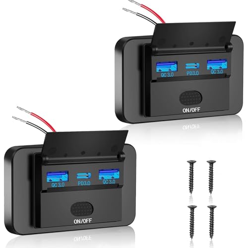 Intckwan 12V USB-laddare, 72W - Trippelportsladdare med Simultan Snabbladdning (2xQC3.0 + PD), Av/På-knapp, Inbyggd USB-dosa för 12-24V Bilar, Lastbilar, Båtar, Husbilar (2-pack)