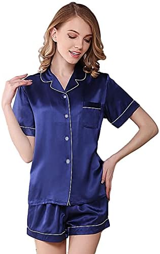 NANJUN Sleepwear Womens Bridesmaids Sexy Lingerie Satin Pajamas Two-Piece Silky Pj Sets Short Loungewear Button Down Pj Sets Nightwear(Navy, XL)