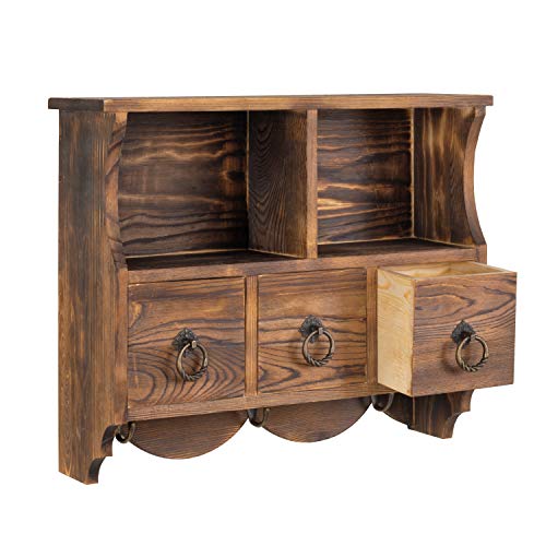 Mygift Vintage Brown Wood Small Wall Shelf, Decorative Cubby Display Cabinet With 3 Pull Out Drawers And Key Hooks #TOP5