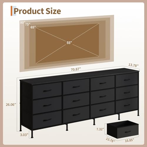 70 Inch Dresser TV Stand for Bedroom with 12 Fabric Drawers, Long Entertainment Center for 80 Inch TV, Media Console Table with Charging Station and Storage for Bedroom, Living Room Entryway, Black by IDEALHOUSE - Image 2