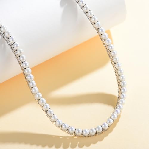 Elegant Dainty Pearl Choker Necklace for Women, Minimalist Tennis Style Pearl Collar, Bridal Statement Jewelry Gift2