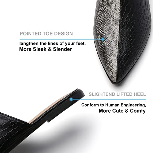 Cicomuin Snakeskin Black Mules For Women Flats Closed Pointed Toe Sandals Embossed Backless Slides Slip On Shoes #TOP4