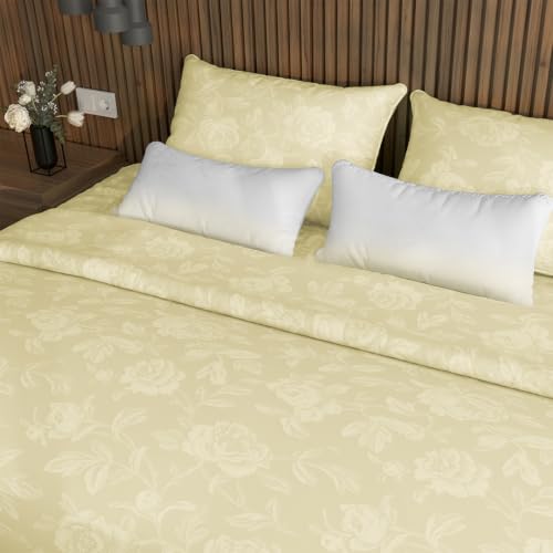 Image of Blue Dahlia 100% Cotton, King Size /Double, Bedsheet (108 inch x 108 inch) + 2 Pillow Covers, 300TC Premium Bedsheet, Jacquard Rose Pattern - Yellow