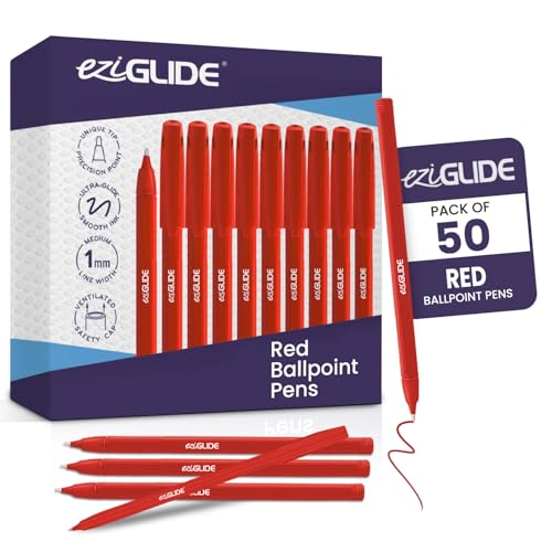 Image of Eziglide 50-Pack Ballpoint Pen Set, Red – Fine Pens with Medium Point Nib (1.0mm) for Precise Writing & Ergonomic Grip – Quick-Dry Ink, Ideal for Adults, Home, Office, Work & Study Use