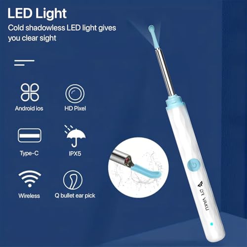 Image of Dr Vaku Earocam Ear Cleaner Earwax Removal Tool with Extra Cleaning Kit (Set of 7) HD Camera Wifi Connection & 6 LED Lights Endoscope Tool + 11 Silicone Tips Free & Storage Case-White /Blue