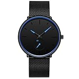 FIZILI Mens Watches Ultra-Thin Minimalist Waterproof-Fashion Wrist Watch for Men Unisex Dress with Stainless Steel Mesh Band-Blue Hands (New)