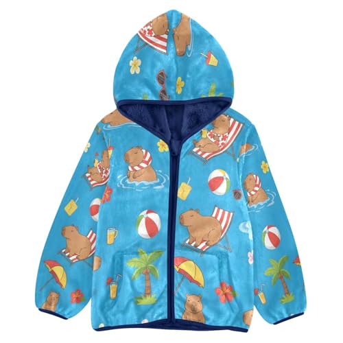 Capibara Beach Party Pattern Toddler Fleece Jacket Girl Boys Hooded Fleece Jacket Coat Warm Outwear Zip-up 3-10T