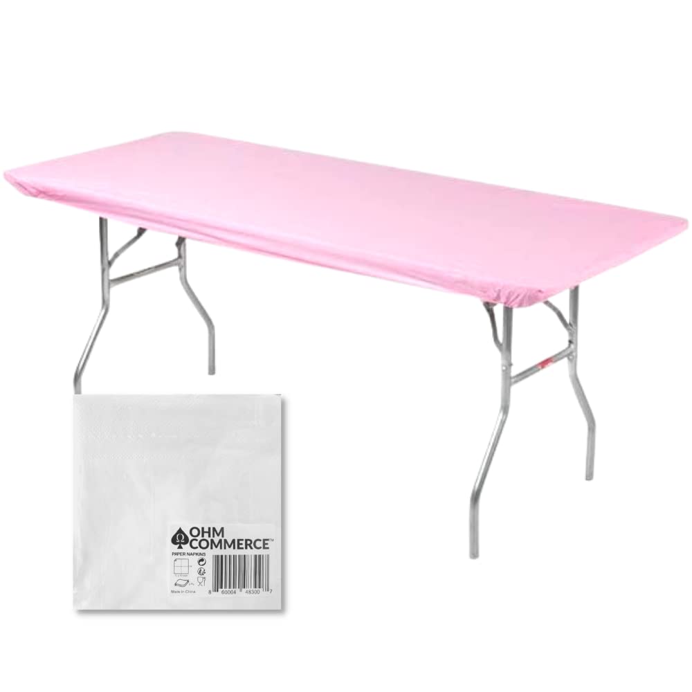 Kwik-Covers 5 Pack of Rectangular Plastic Table Covers Bundle - 70 Paper Napkins Included - for 6' Foot or 8' Foot Tables - (Table NOT Included) (Pink, 30" x 72" (6' Foot Table))