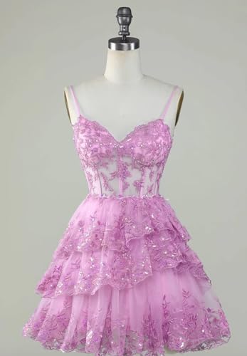 Women's Short Sparkly Tulle Homecoming Dresses Spaghetti Straps Mini Prom Party Dress for Teens Lace Applique Tiered A-line3