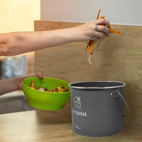 Joeji’s Kitchen 3,5L groß Biomülleimer für die Küche - Metall Kompost Küchenkomposteimer mit Deckel - 3er Aktivkohlefilter enthalten - Küchenbiomülleimer Biomüllbehälter - Grau