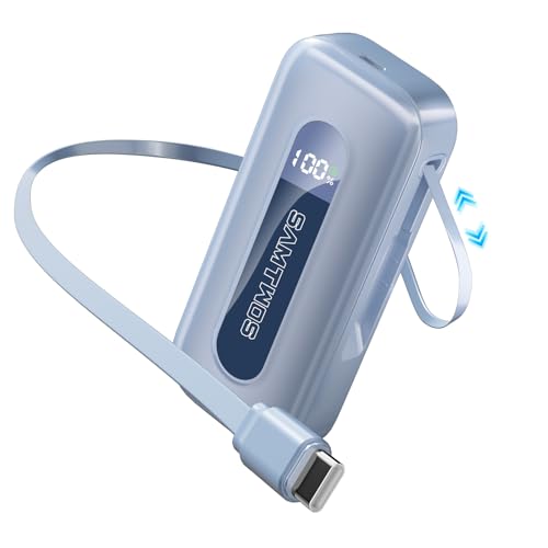 SAMTWOS Cargador portátil integrado con cable USB-C retráctil de 2 pies para viajes, batería externa de 10000 mAh PD de 30 W, batería de carga rápida de 2 salidas para iPhone 16/15, Galaxy, iPad y más