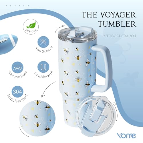 YOME 40oz Blue Bee Tumbler with Handle and Flip Straw | Stainless Steel Insulated Cute Water Bottle | Keeps Drinks Cold | Dishwasher Safe | Cupholder Friendly | Gift Gym Travel Yoga by YOME - Used condition - Image 8