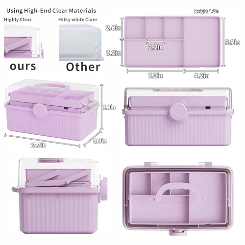 SuoXing 13\'\' Three-Layer Clear Plastic Storage Box/Tool Box, Multipurpose Organizer and Portable Handled Storage Case for Art Craft and Cosmetic (Purple)