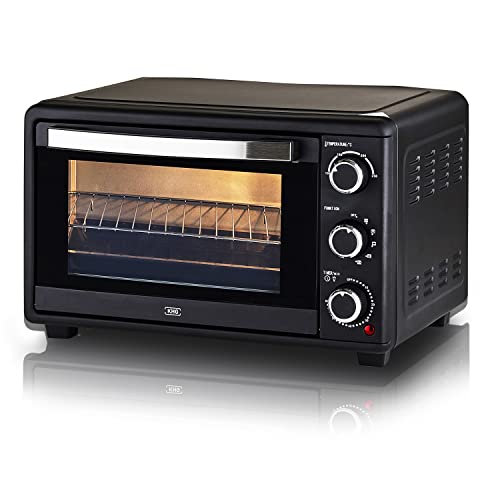 KHG Minibackofen MBO-25S mit Umluft 25l aus Metall in schwarz, 5 Bedienungsstufen, bis 1.500 Watt, inkl. Entnahmegriffe, Grillrost, Drehspieß und Backblech