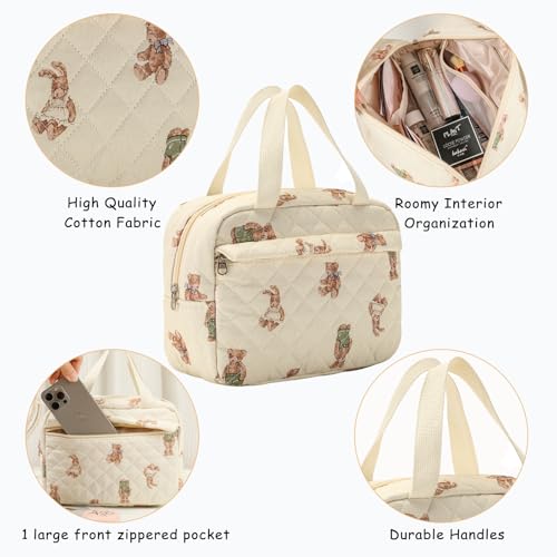 Large Size Quilted Coquette Makeup Bag, Cute Preppy Floral Cotton Travel Cosmetic Organizer Bag with Top Handle, Multi-Layer Travel Toiletry Pouch for Girls (04Bear)3