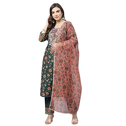 Image of Divena Green Floral Printed Kurta Pant Set with Dupatta