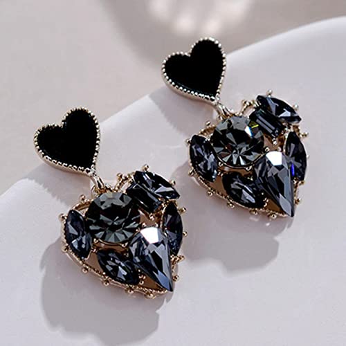 Junyy Women Girls Dainty Party Black Rhinestone Crystal Heart Shape Stud Earrings Temperament Drop Dangle Earrings(Black) #TOP2