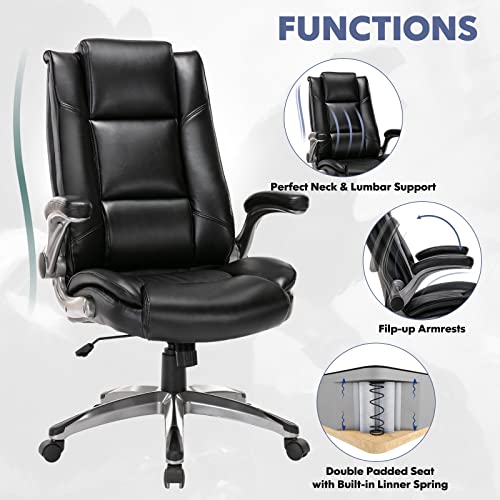 High Back Executive Office Chair-Ergonomic Bonded Leather Computer Chair With Flip-Up Arms, Adjustable Tilt Tension, Padded Armrests, Swivel Rolling Home Desk Chair-Black,300Lbs #TOP5