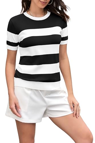 DAIMIDY Women's Striped Sweater Short Sleeve Crew Neck Color Block Knit Blouse Pullover Tops